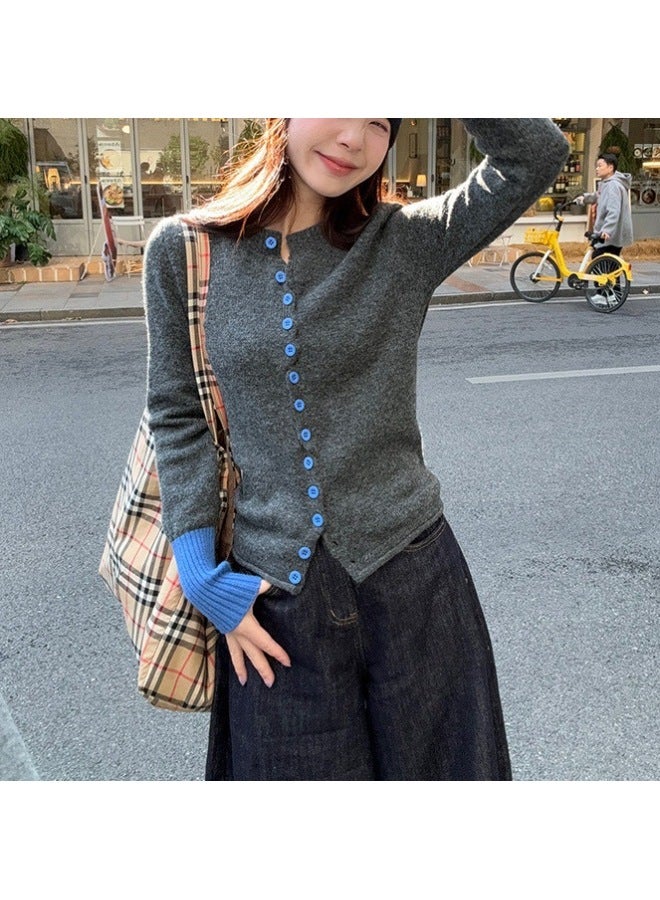 Leyuan Autumn And Winter Fashion Youthful Color-block Round Neck Knitted Cardigan Jacket Soft Loose Casual Women's Sweater - Image 1