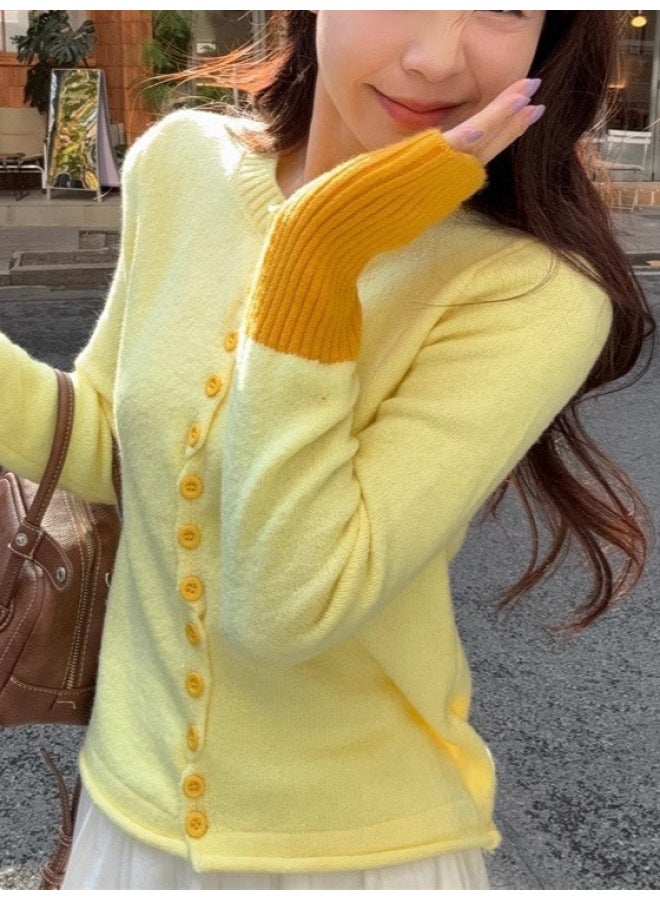 Leyuan Autumn And Winter Fashion Youthful Color-block Round Neck Knitted Cardigan Jacket Soft Loose Casual Women's Sweater - Image 5