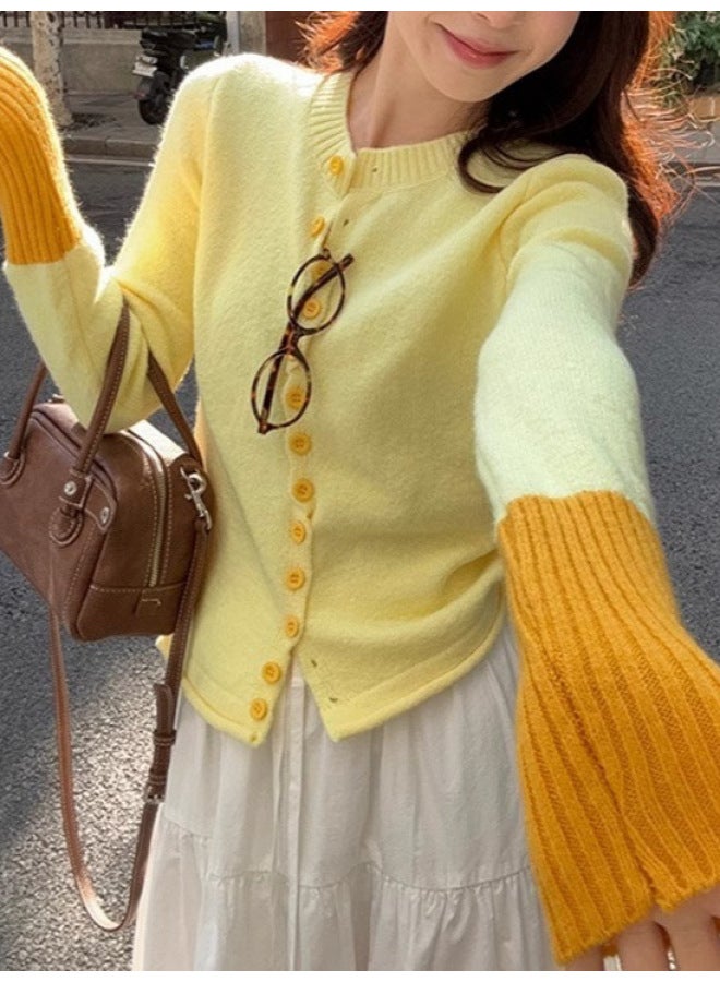 Leyuan Autumn And Winter Fashion Youthful Color-block Round Neck Knitted Cardigan Jacket Soft Loose Casual Women's Sweater - Image 2