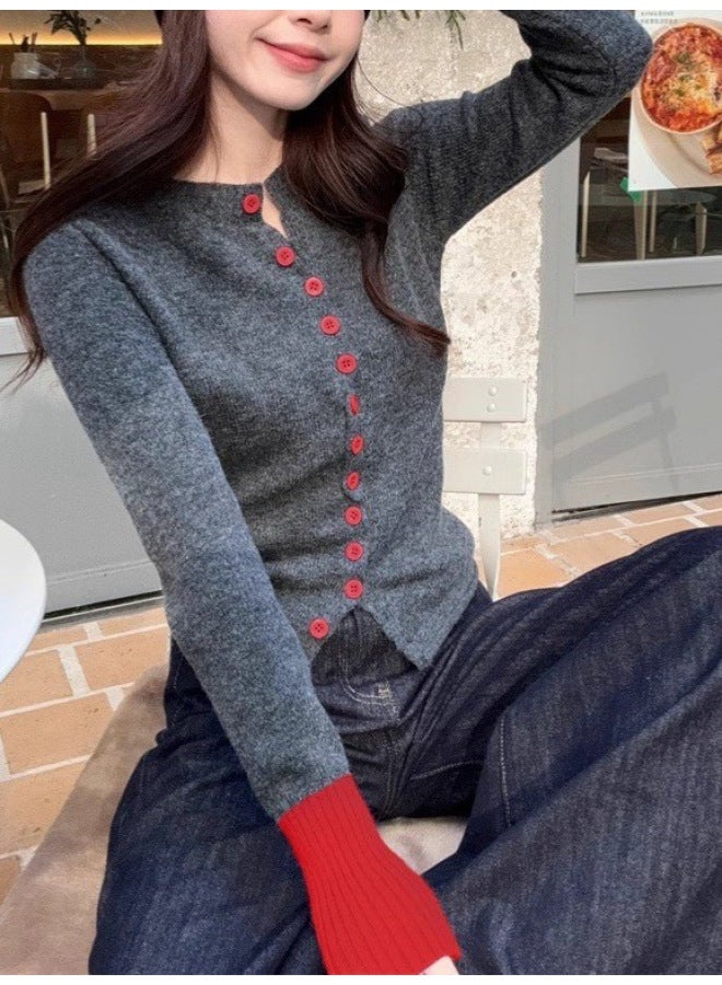 Leyuan Autumn And Winter Fashion Youthful Color-block Round Neck Knitted Cardigan Jacket Soft Loose Casual Women's Sweater - Image 4