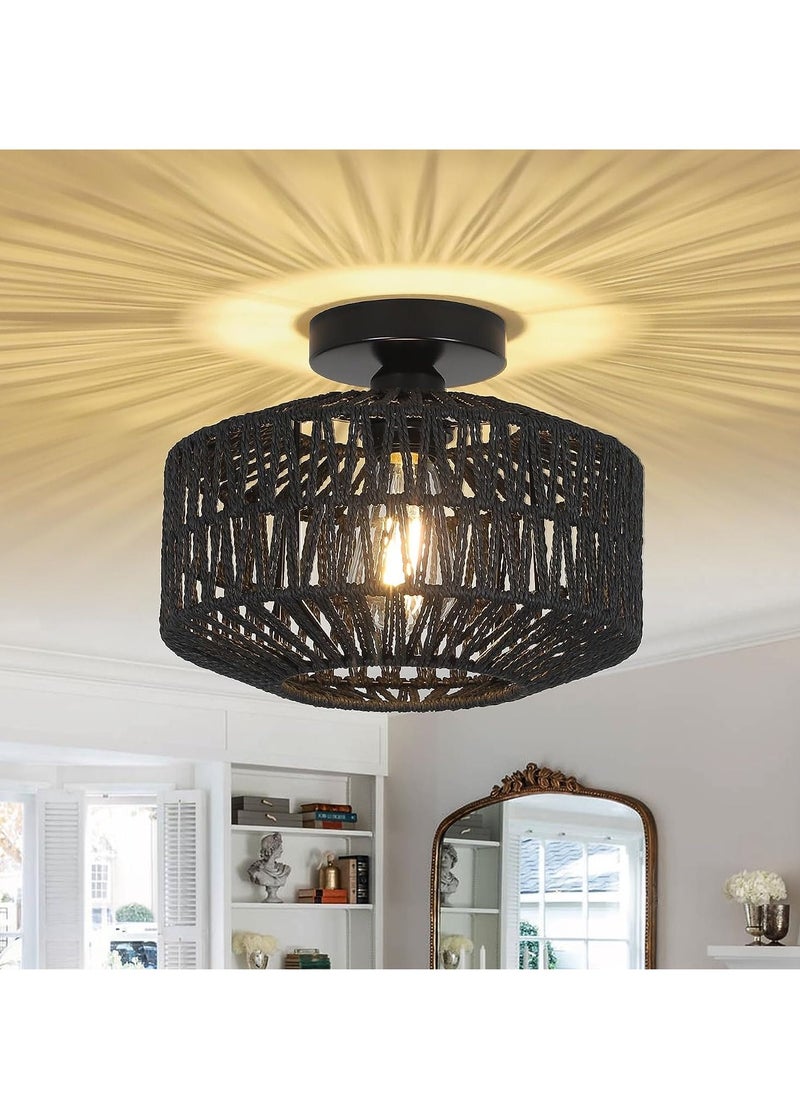 GEADI - Rattan Light Fixtures Ceiling Mount Boho Ceiling Light Fixture With Dimmable Led Bulb Mini Hand Woven Rattan Chandelier Light Fixtures Ceiling For Bedroom Kitchen Entryway Living Room Hallway - Image 1