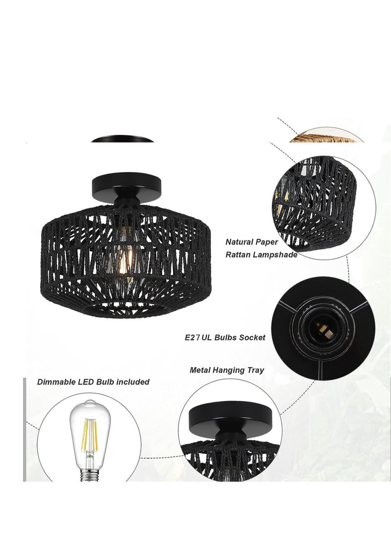 GEADI - Rattan Light Fixtures Ceiling Mount Boho Ceiling Light Fixture With Dimmable Led Bulb Mini Hand Woven Rattan Chandelier Light Fixtures Ceiling For Bedroom Kitchen Entryway Living Room Hallway - Image 1