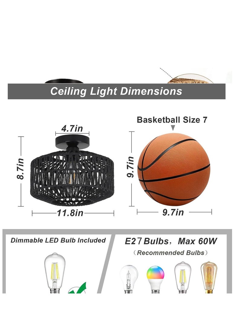 GEADI - Rattan Light Fixtures Ceiling Mount Boho Ceiling Light Fixture With Dimmable Led Bulb Mini Hand Woven Rattan Chandelier Light Fixtures Ceiling For Bedroom Kitchen Entryway Living Room Hallway - Image 1