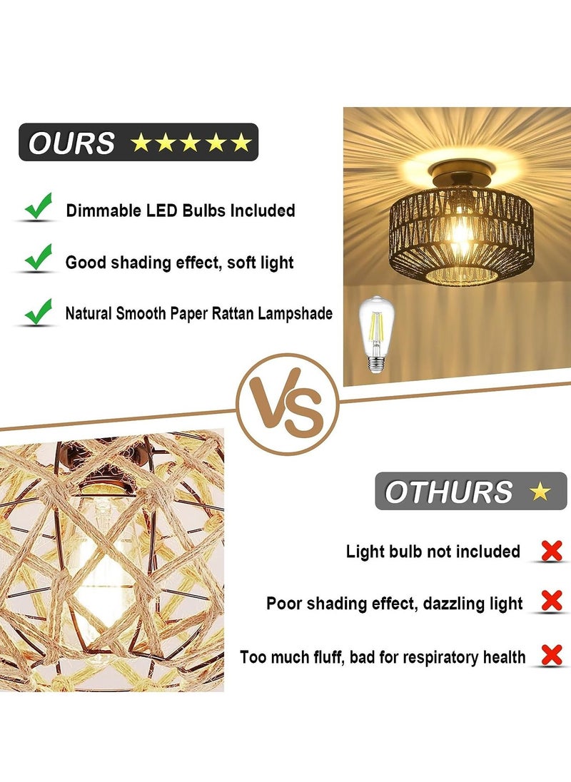 GEADI - Rattan Light Fixtures Ceiling Mount Boho Ceiling Light Fixture With Dimmable Led Bulb Mini Hand Woven Rattan Chandelier Light Fixtures Ceiling For Bedroom Kitchen Entryway Living Room Hallway - Image 1