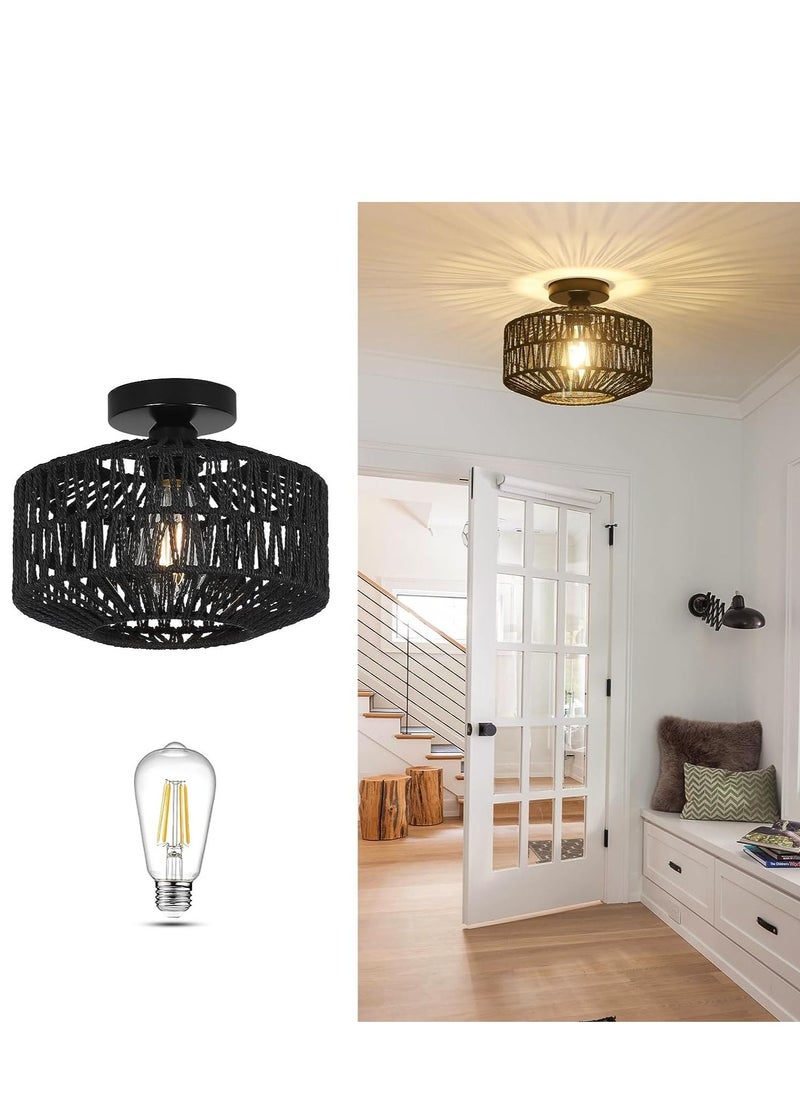 GEADI - Rattan Light Fixtures Ceiling Mount Boho Ceiling Light Fixture With Dimmable Led Bulb Mini Hand Woven Rattan Chandelier Light Fixtures Ceiling For Bedroom Kitchen Entryway Living Room Hallway - Image 1