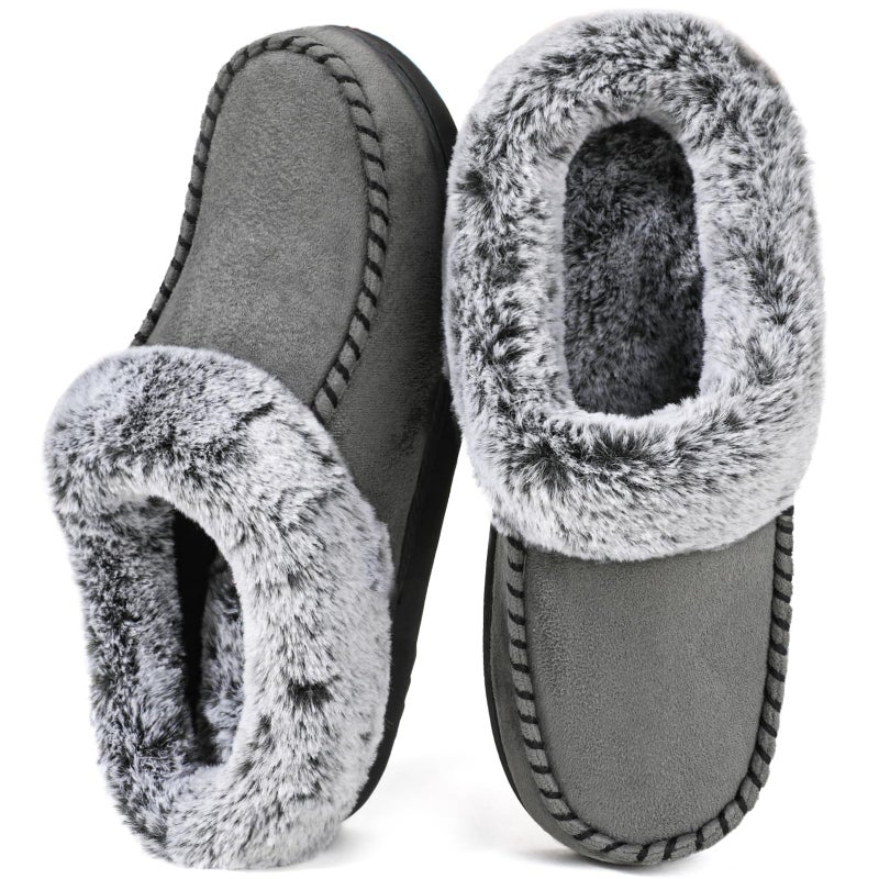 ULTRAIDEAS Women's Memory Foam House Slippers with Hard Bottom, Fur Lined House Shoes with Non-Slip Rubber Sole for Indoor & Outdoor (Dark Grey, 9-10) - Image 1