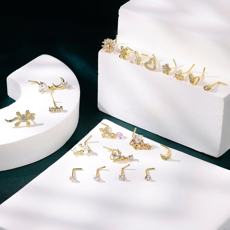 REVOLIA 20Pcs 20G Surgical Steel Dangle Nose Rings L Shaped Nose Ring Studs for Women Men CZ Heart Moon Dangling Flower Butterfly Nose Piercing Jewelry Gold - Image 2
