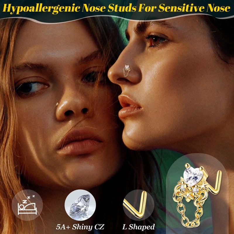 REVOLIA 20Pcs 20G Surgical Steel Dangle Nose Rings L Shaped Nose Ring Studs for Women Men CZ Heart Moon Dangling Flower Butterfly Nose Piercing Jewelry Gold - Image 5