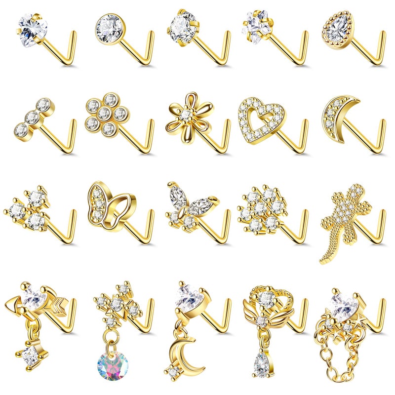 REVOLIA 20Pcs 20G Surgical Steel Dangle Nose Rings L Shaped Nose Ring Studs for Women Men CZ Heart Moon Dangling Flower Butterfly Nose Piercing Jewelry Gold - Image 1