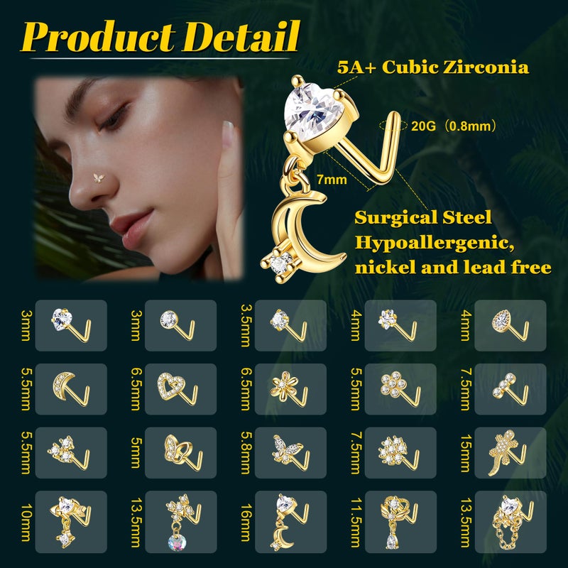 REVOLIA 20Pcs 20G Surgical Steel Dangle Nose Rings L Shaped Nose Ring Studs for Women Men CZ Heart Moon Dangling Flower Butterfly Nose Piercing Jewelry Gold - Image 3