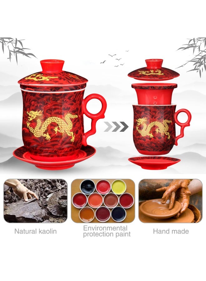 YURROAD 4Pieces Set Of Chinese Dragon Pattern Tea-Mug With Strainer Infuser And Lid And Saucer Ceramic Tea Mug Convenient System Chinese Porcelain Personal Tea Cup13.5Oz 400Ml 4 Colors Red  - Image 2