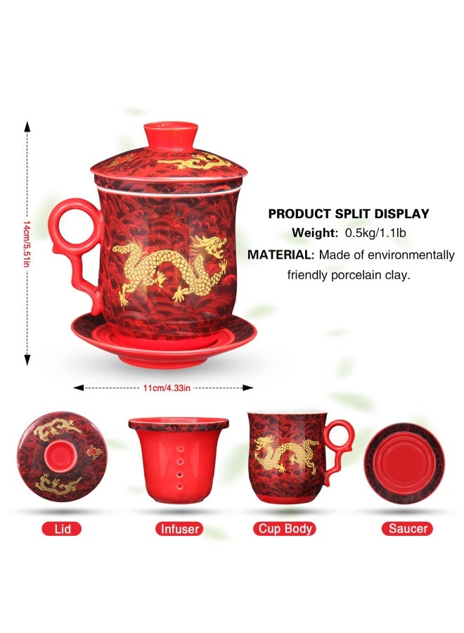 YURROAD 4Pieces Set Of Chinese Dragon Pattern Tea-Mug With Strainer Infuser And Lid And Saucer Ceramic Tea Mug Convenient System Chinese Porcelain Personal Tea Cup13.5Oz 400Ml 4 Colors Red  - Image 3