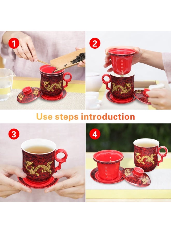 YURROAD 4Pieces Set Of Chinese Dragon Pattern Tea-Mug With Strainer Infuser And Lid And Saucer Ceramic Tea Mug Convenient System Chinese Porcelain Personal Tea Cup13.5Oz 400Ml 4 Colors Red  - Image 5