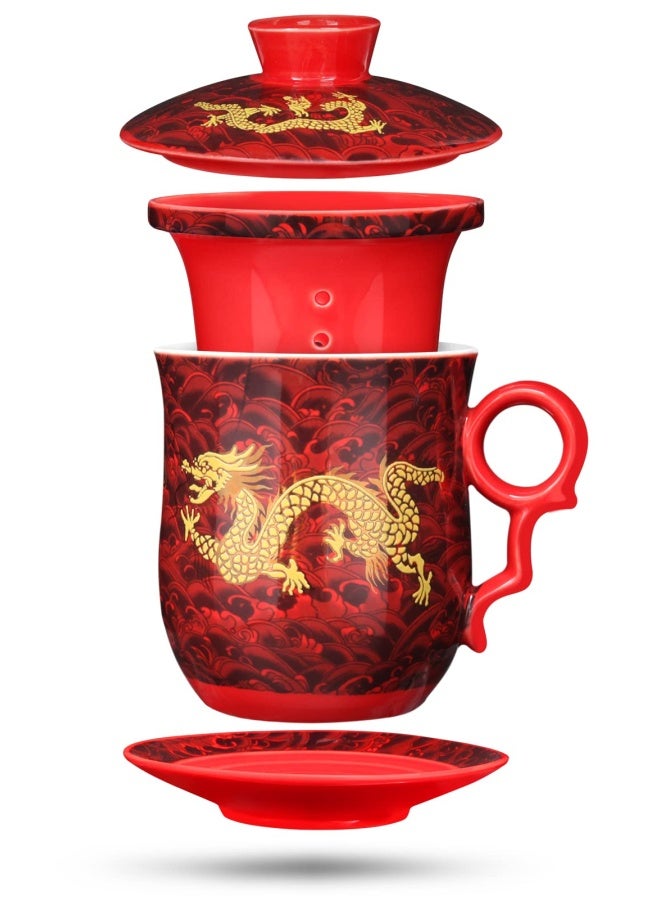 YURROAD 4Pieces Set Of Chinese Dragon Pattern Tea-Mug With Strainer Infuser And Lid And Saucer Ceramic Tea Mug Convenient System Chinese Porcelain Personal Tea Cup13.5Oz 400Ml 4 Colors Red  - Image 1