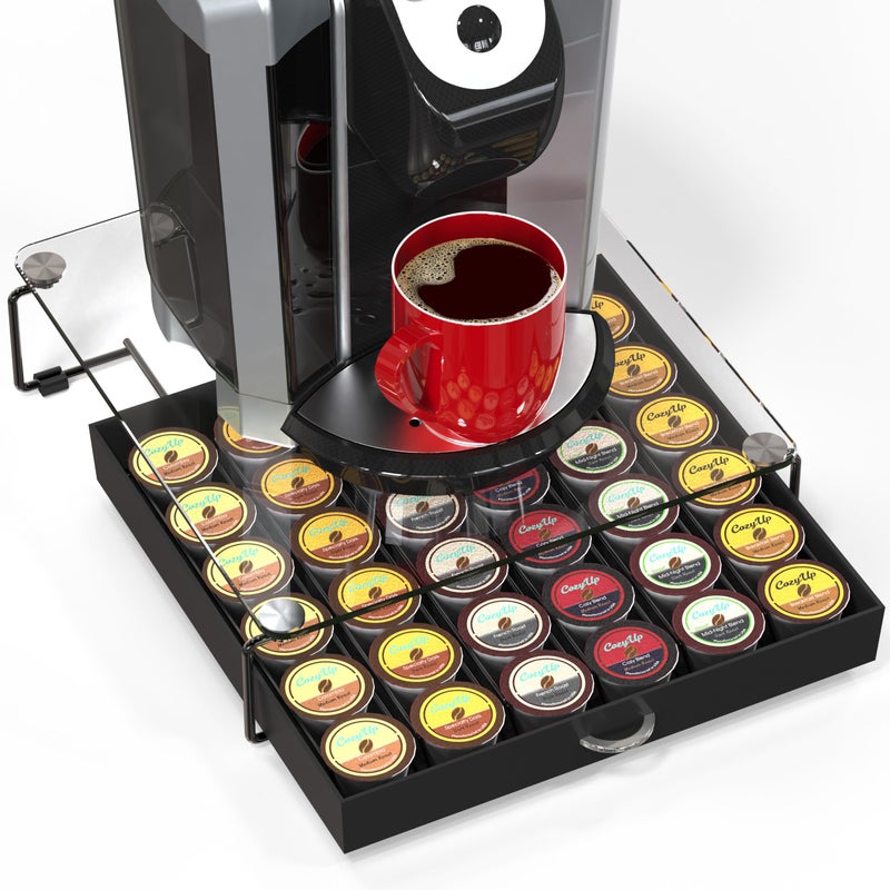 DecoBrothers Crystal Tempered Glass Holder Drawer for 36 Coffee Pods Storage Black