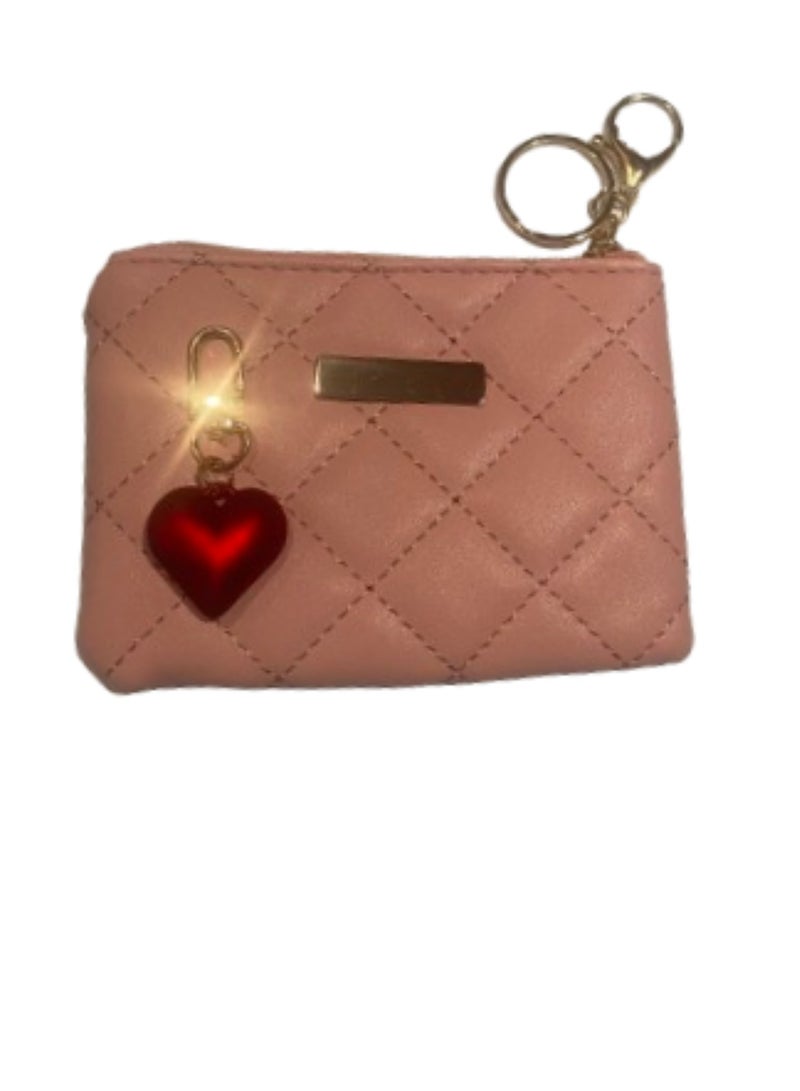 Women's high-quality leather wallet, pink color, with a red heart-shaped medallion