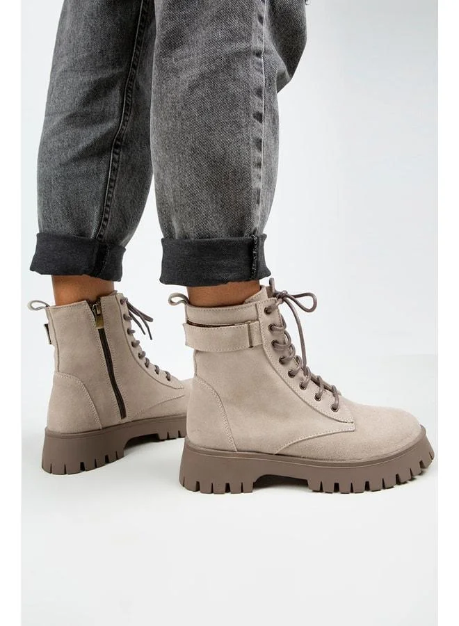 Adel Women's Genuine Leather Lace‑Up Front Zipper Beige Suede‑Vizone Boot.
