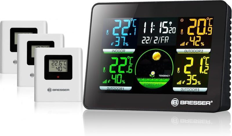 BRESSER Thermo Hygro Quadro NLX - Thermo-/Hygrometer with 3 outdoor sensors Polished safe edge - Image 1