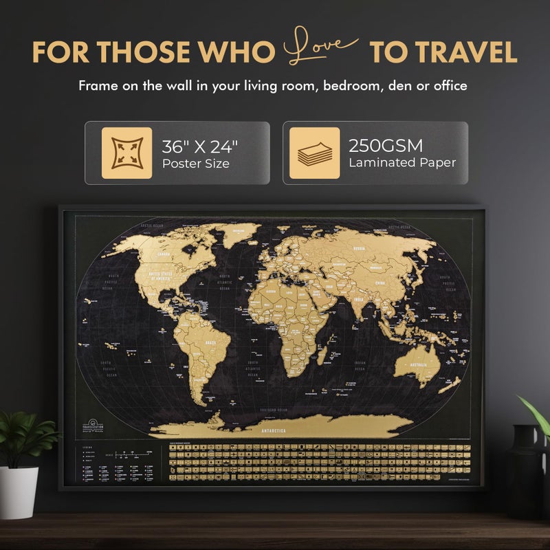 Travelization XL Scratch Off World Map with 196 Country Flags 36" x 24" Frameable World Map with Vibrant Colors and Premium Gold Coating, Beautiful Scratch Map for Travelers, Black - Image 4