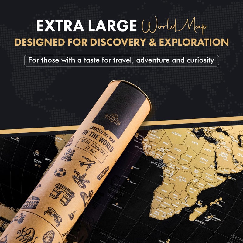 Travelization XL Scratch Off World Map with 196 Country Flags 36" x 24" Frameable World Map with Vibrant Colors and Premium Gold Coating, Beautiful Scratch Map for Travelers, Black - Image 2