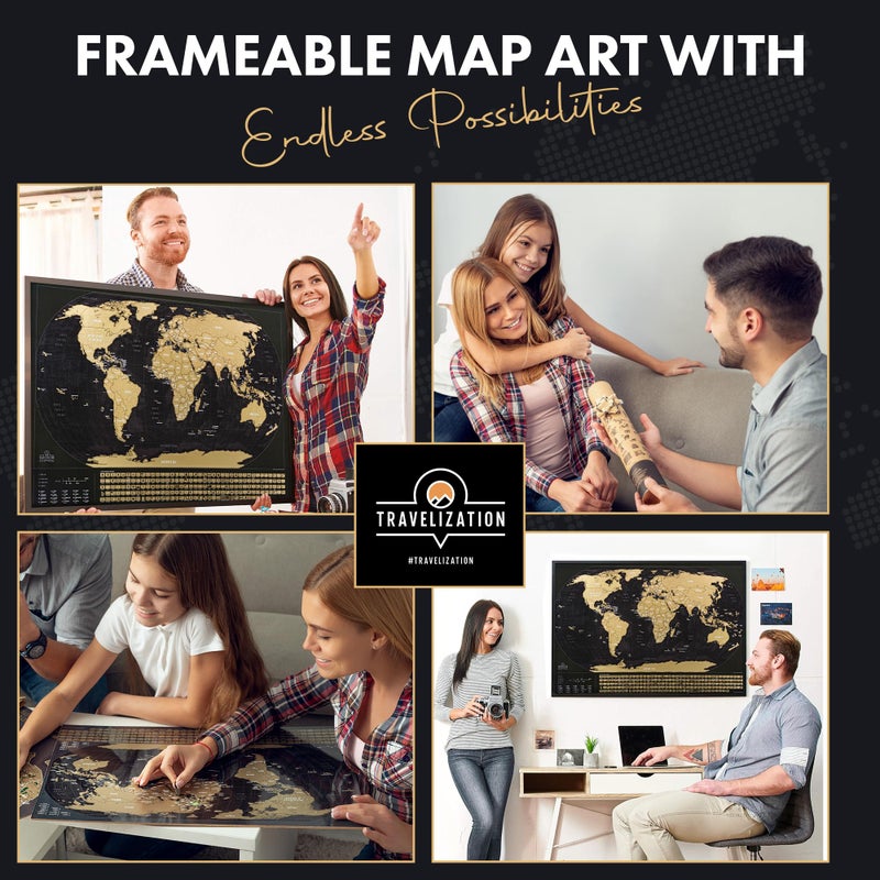 Travelization XL Scratch Off World Map with 196 Country Flags 36" x 24" Frameable World Map with Vibrant Colors and Premium Gold Coating, Beautiful Scratch Map for Travelers, Black - Image 5