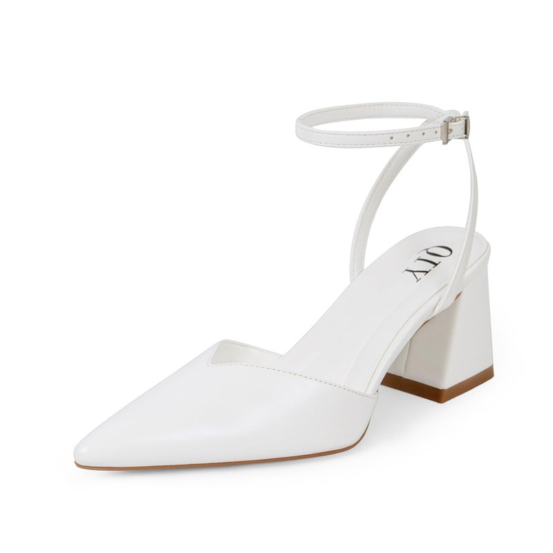 QIY Closed Toe Heels for Women White Pointed Toe Heels for Women Chunky Block Low Short Heel Ankle Strap Strappy Sling Back Slingback Heel Womens Pumps Dress Wedding Shoes Size 7.5 - Image 1