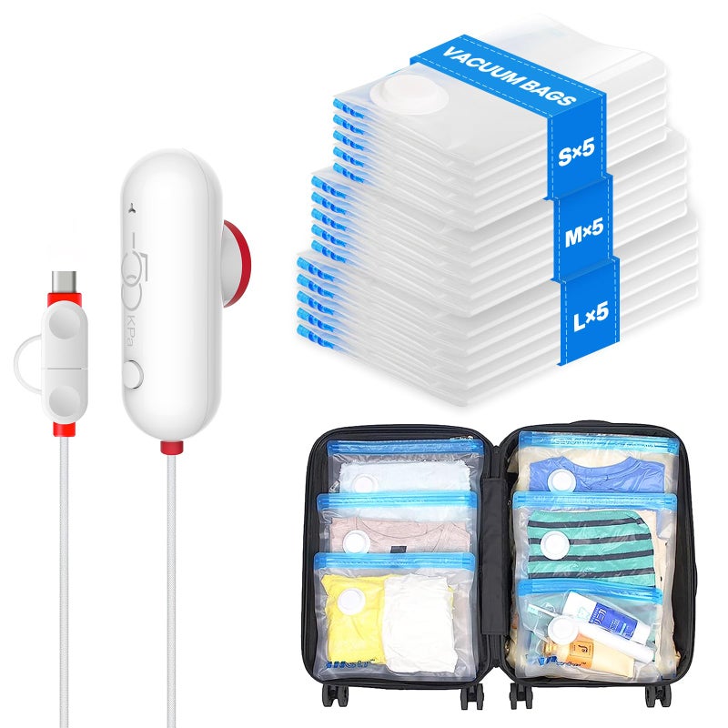 VMstr 15 Pack Travel Vacuum Storage Bags with USB Pump, Vacuum Packing Seal for Luggage and Suitcase, Space Saver for Clothes and Clothing Travel - Image 1