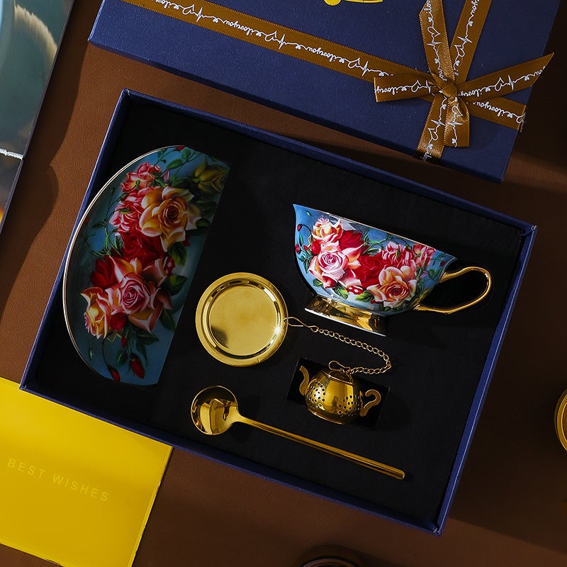 Elegant European Style Ceramic Coffee Cup Set with Saucers - Vintage Afternoon Tea Gift  Box