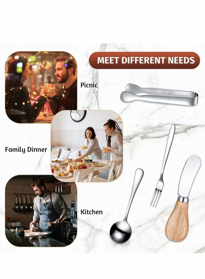 Cheese er Spreader Knives Set Stainless Steel Cheese Slicer er Spreader Knives with Wooden Handles Mini Serving Tongs Spoons and Forks for er, Cheese and Pastry Making (Silver,14 Pieces) - Image 5