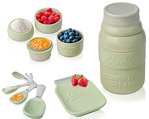 Comfify Mason Jar Kitchenware - Green Ceramic Decor with 4 Measuring Cups, 4 Measuring Spoons and Spoon Rest - Vintage Style - Image 1