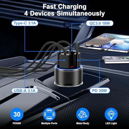 Besgoods Car Charger for iPhone 17 16 15 Pro Max, Besgoods 4-Port Cigarette Lighter Adapter USB C & USB A Car Phone Charger Fast Charging Voltmeter for Galaxy S25 S24 S23 A15 A54 Android, 6ft USB C to C Cable - Image 2