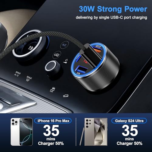 Besgoods Car Charger for iPhone 17 16 15 Pro Max, Besgoods 4-Port Cigarette Lighter Adapter USB C & USB A Car Phone Charger Fast Charging Voltmeter for Galaxy S25 S24 S23 A15 A54 Android, 6ft USB C to C Cable - Image 3