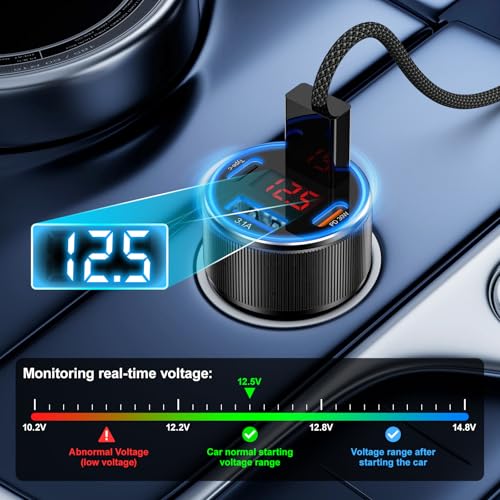 Besgoods Car Charger for iPhone 17 16 15 Pro Max, Besgoods 4-Port Cigarette Lighter Adapter USB C & USB A Car Phone Charger Fast Charging Voltmeter for Galaxy S25 S24 S23 A15 A54 Android, 6ft USB C to C Cable - Image 4