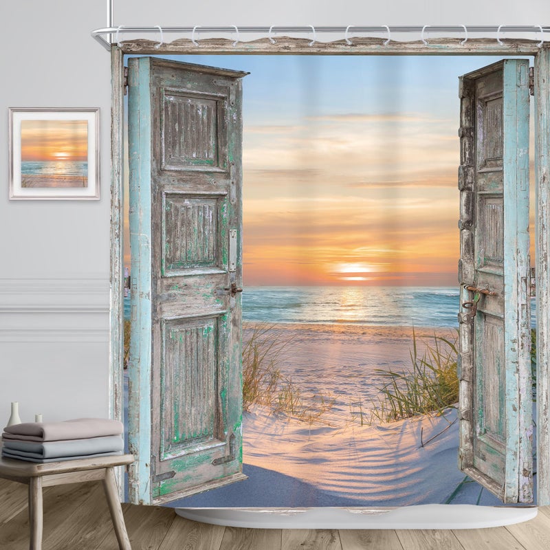 ريديكور Riyidecor إضافي طويل الحظيرة باب الشاطئ ستارة دش 72WX84H بوصة شاطئية شاطئية البحر الساحلية الساحلية الساحلية المناظر الطبيعية - Image 3