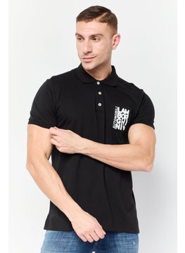 Men Regular Fit Brand Logo Short Sleeves Polo Shirt, Black