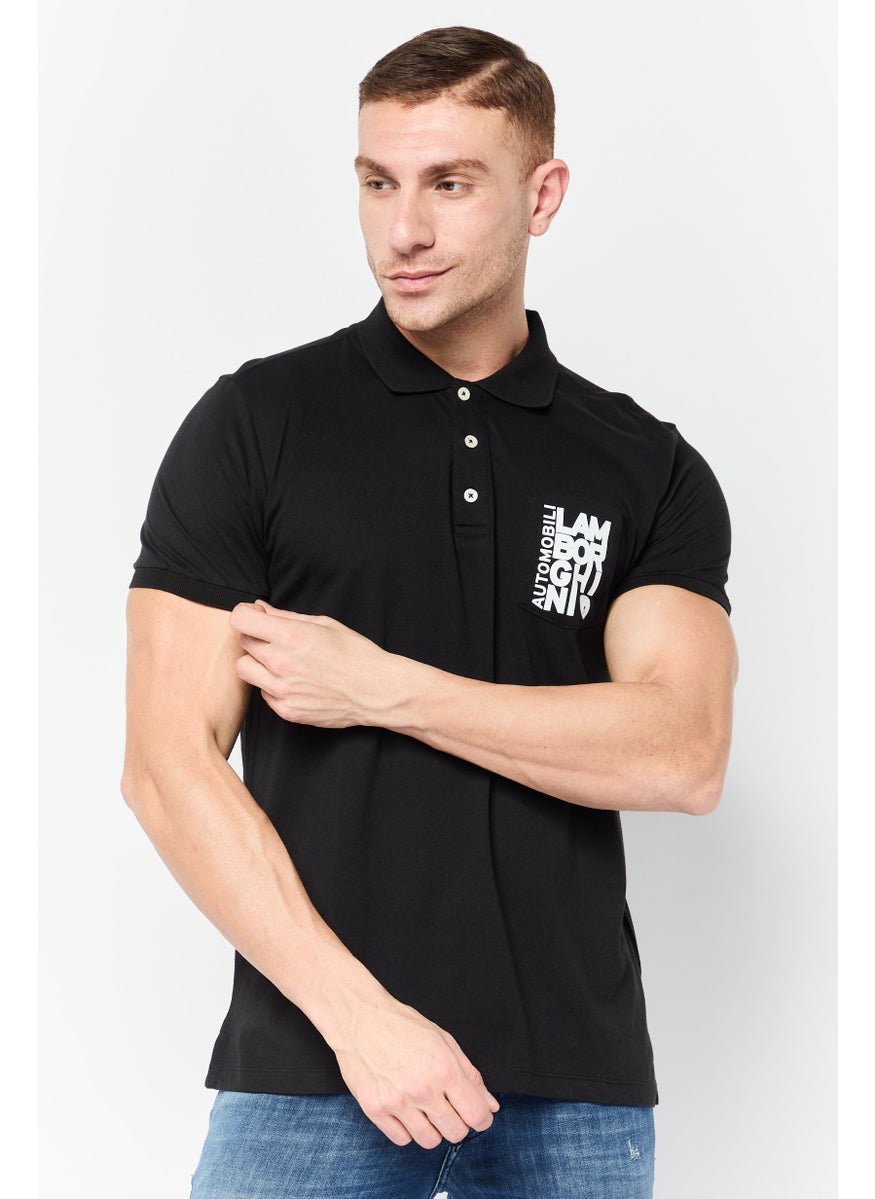 LAMBORGHINI - Men Regular Fit Brand Logo Short Sleeves Polo Shirt, Black - Image 1