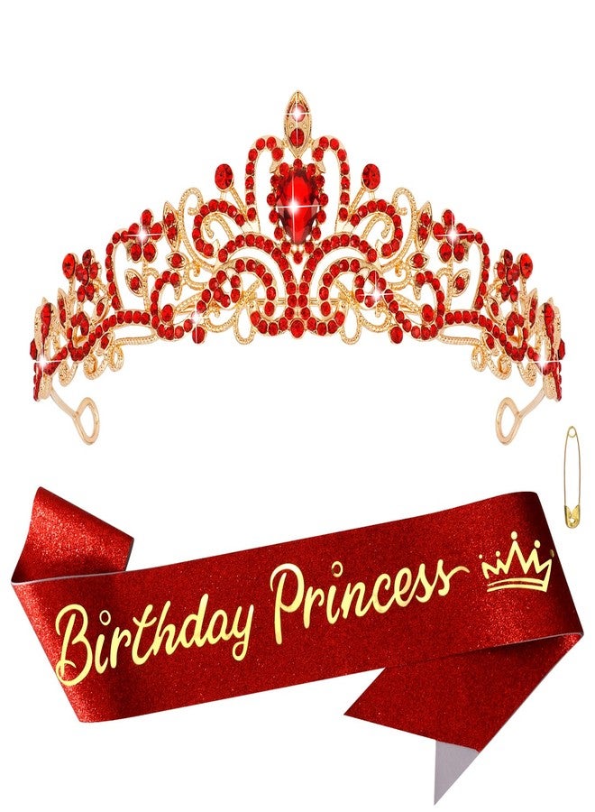 Atoden Red Princess Tiara & Sash Set - Crystal Rhinestone Tiara for Women & Girls - Birthday, Festival, Halloween & Anniversary - Metal & Rhinestone - Image 1