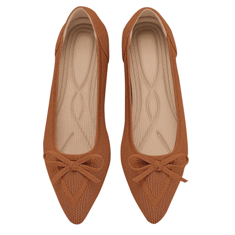 TINGRISE Womens Flats Pointed Toe Bow Knit Ballet Shoes Comfortable Dressy Mesh Slip On Flat Brown US85 - Image 2
