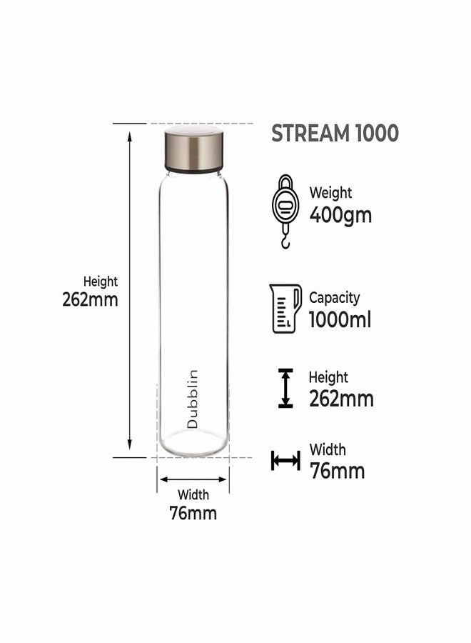 DUBBLIN Stream 1000 Borosilicate Glass Water Bottle, Steel Lid, 1000 ml (Pack of 1) - Image 2