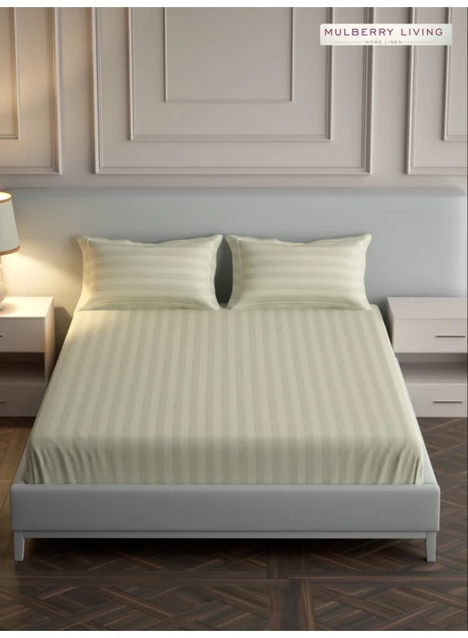 MULBERRY LIVING 100% Cotton - 300Tc Elysian Stripes King Size (180X200 Cms) Fitted Bedsheet With 2 Pillow Covers (50X75 Cm) - Ivory