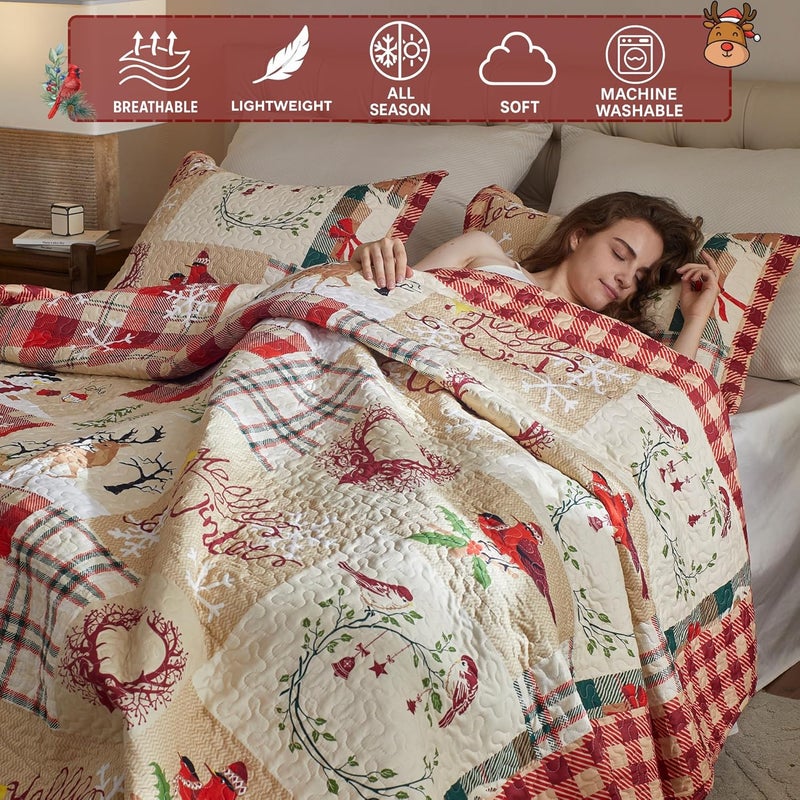 MarCielo 3 Piece Christmas Quilt Set, Rustic Lodge Deer Quilt Bedspread Throw Blanket Lightweight Bedspread Coverlet Comforter Set (Hello Winter, King) - Image 3