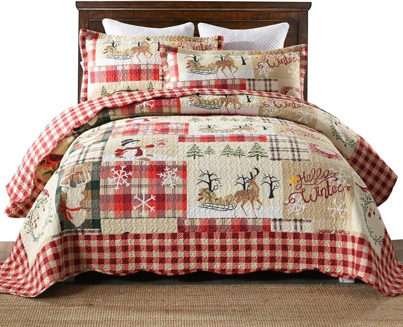MarCielo 3 Piece Christmas Quilt Set, Rustic Lodge Deer Quilt Bedspread Throw Blanket Lightweight Bedspread Coverlet Comforter Set (Hello Winter, King) - Image 1