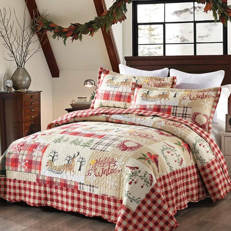 MarCielo 3 Piece Christmas Quilt Set, Rustic Lodge Deer Quilt Bedspread Throw Blanket Lightweight Bedspread Coverlet Comforter Set (Hello Winter, King) - Image 2
