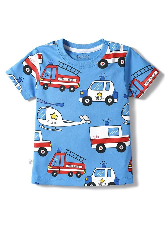 Bonfino Bonfino 100% Cotton Knit Half Sleeves T-Shirts & Shorts Co-ord Night Suits with Vehicle Print, Pack of 2 - Multicolor
