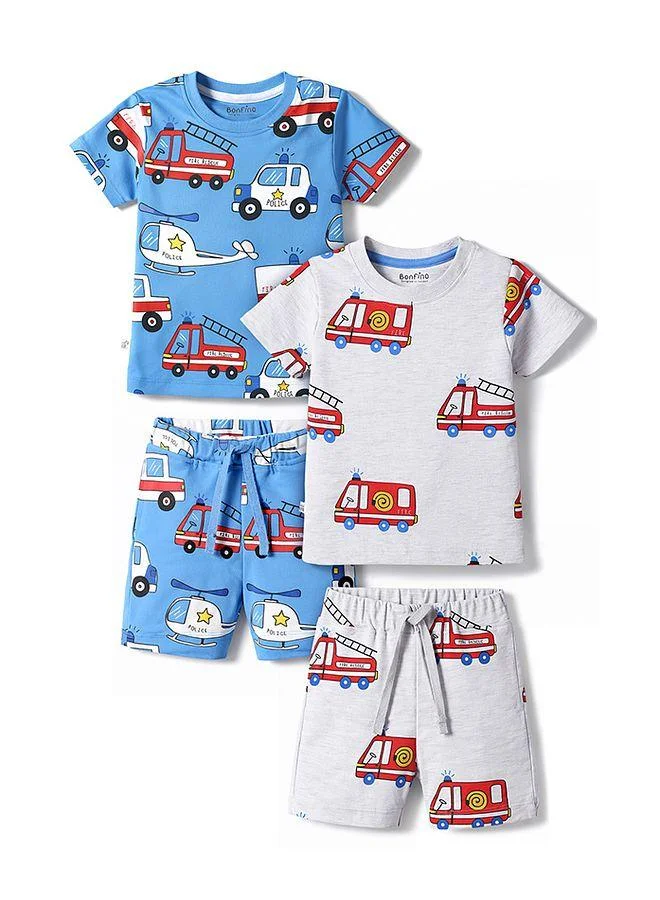 Bonfino Bonfino 100% Cotton Knit Half Sleeves T-Shirts & Shorts Co-ord Night Suits with Vehicle Print, Pack of 2 - Multicolor
