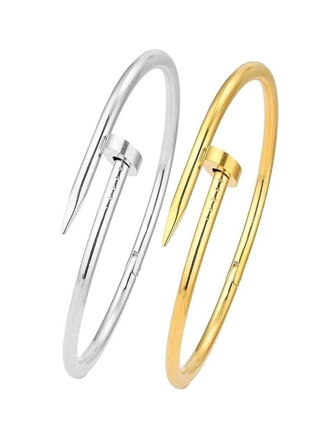 Okos Rhodium and Gold Plated Fashion Jewellery Stainless Steel Anti Tarnish Nail Style Cuff Bangle Bracelet Combo Pack of 2 For Girls and Women BR1000058COM - Image 1
