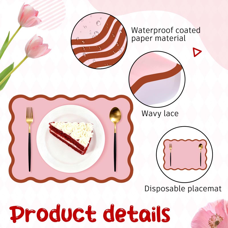 LemonRoad Pink Scalloped Paper Placemats 60 Pcs Disposable Coated Paper Waterproof Place Mat with Wavy Edge Table Decor for Baby Shower Party Supplie Birthday Wedding Banquet Tea Party (10 x 14 Inch Rectangle) - Image 3