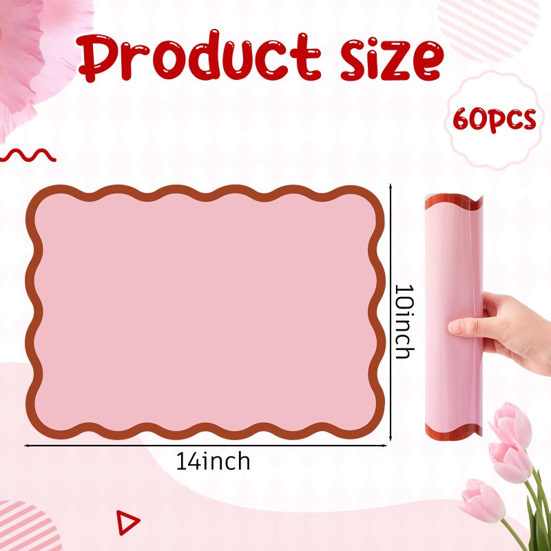 LemonRoad Pink Scalloped Paper Placemats 60 Pcs Disposable Coated Paper Waterproof Place Mat with Wavy Edge Table Decor for Baby Shower Party Supplie Birthday Wedding Banquet Tea Party (10 x 14 Inch Rectangle) - Image 2