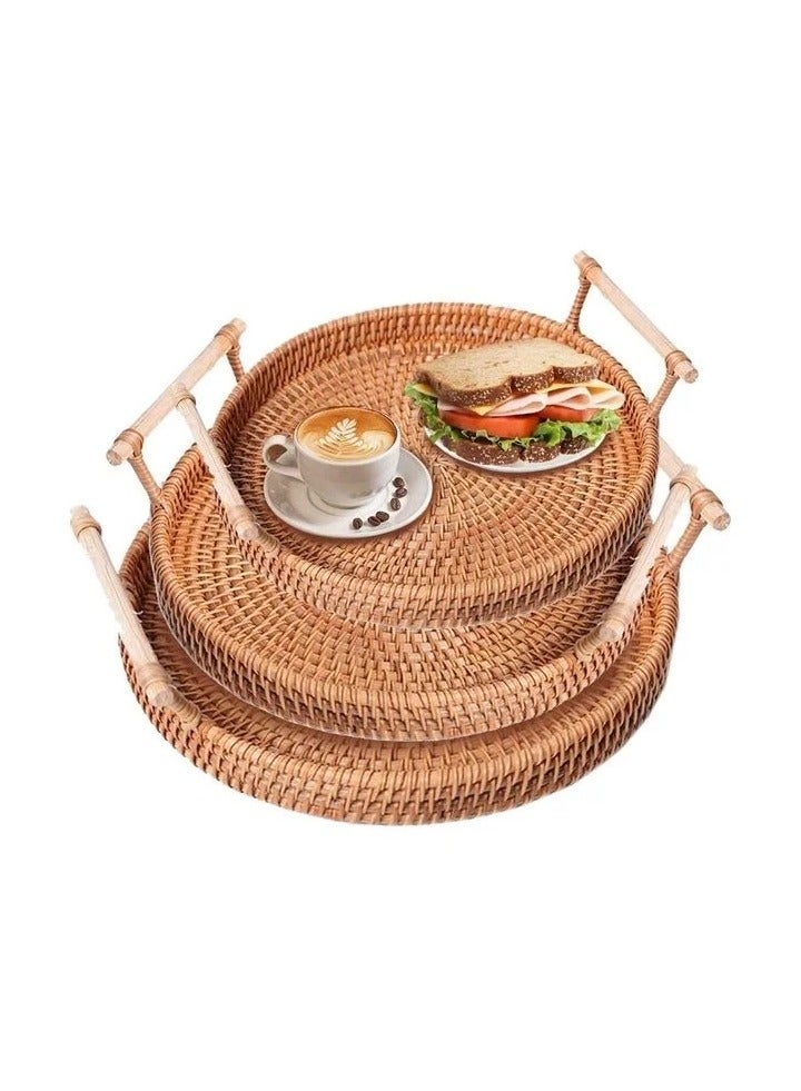 3-Piece Round Woven Serving Tray with Handles Brown 22, 24, 28cm - Image 1