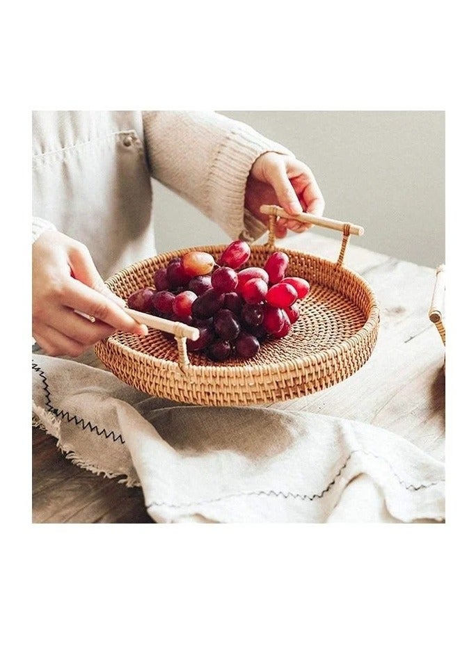 3-Piece Round Woven Serving Tray with Handles Brown 22, 24, 28cm - Image 2